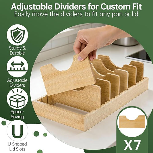 Pan Organizer Compatible with Caraway, Pots and Pans Organizer Under Cabinet, Bamboo Pot Lid Organizers with Adjustable Dividers, U-Shaped Lid Slots, Ideal for Kitchen Countertop and Cabinet Storage