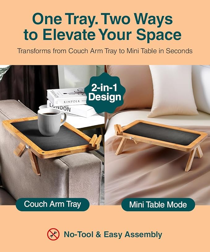 Bamboo Sofa Arm Tray Table – Fits Most of The Sofa Arms, 3 in 1 Adjustable Couch Arm Table with Rotating Phone Holder, Cable Slot & Non-Slip Mat – Couch Cup Holder for Snacks, Drinks & Remotes