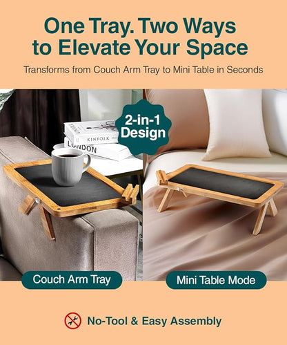 Bamboo Sofa Arm Tray Table – Fits Most of The Sofa Arms, 3 in 1 Adjustable Couch Arm Table with Rotating Phone Holder, Cable Slot & Non-Slip Mat – Couch Cup Holder for Snacks, Drinks & Remotes