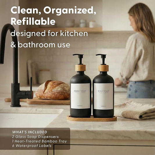 Maisonovo Glass Soap Dispenser Bathroom Set | Hand Soap and Dish Soap Dispenser Set | 16.9oz Amber Bottles with Black Bamboo Pump | Bathroom Lotion Dispenser Set of 2