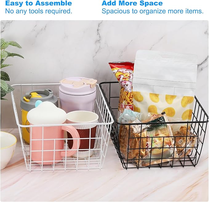 PATIKIL Kitchen Wire Basket, 2 Pack 11"L 9"W Pantry Organization Metal Storage Organizer Household Refrigerator Bin with Handles for Cabinets Closets Bedrooms, Black
