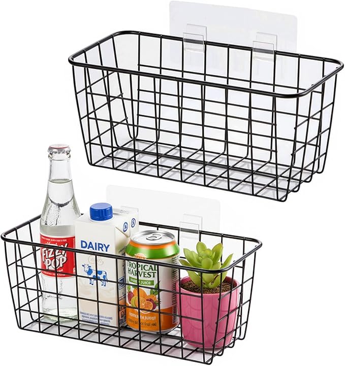 Black Hanging Wall Baskets,Adhesive Wire Wall Storage Baskets for Pantry and organizer, Kitchen onion Food photo Bathroom,inside cabinet organizing,No Drilling Wall Mounted Basket,2 Pack