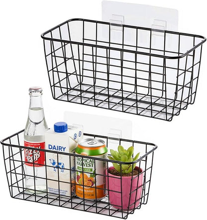 Black Hanging Wall Baskets,Adhesive Wire Wall Storage Baskets for Pantry and organizer, Kitchen onion Food photo Bathroom,inside cabinet organizing,No Drilling Wall Mounted Basket,2 Pack