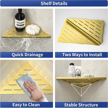 Bernkot Corner Shower Shelf, 304 Stainless Steel Bathroom Shelf for Tiled Wall, Grout in Shelves (Gold, 10"-2 Pack)
