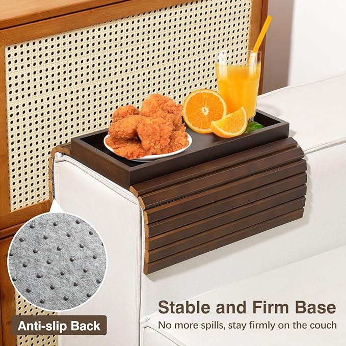 Couch Arm Tray, Bamboo Sofa Table for Couch, Sofa Armrest Tray Table, Anti-Slip Armrest Organizer, Foldable Couch Cup Holder for Snacks, Phone, Control, Cups, Brown