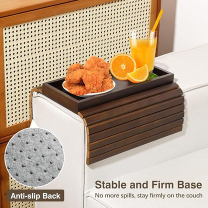 Couch Arm Tray, Bamboo Sofa Table for Couch, Sofa Armrest Tray Table, Anti-Slip Armrest Organizer, Foldable Couch Cup Holder for Snacks, Phone, Control, Cups, Brown