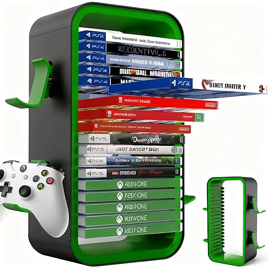 wigmoa Game Storage Tower【15.8INCH】 Compatible with PS5/ Xbox Series S & X/Switch, Universal Video Games Discs Organizers 18 PCS with 4 Controllers Holder, Game Disk Rack Shelf. OYO-1. (Black/Green)