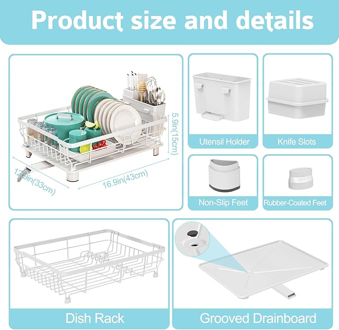 Ricobes Dish Drying Rack - Space Saving Dish Rack - Dish Racks for Kitchen Counter with Drainboard,Rustproof Dish Drainer with Removable Utensil Holder,White