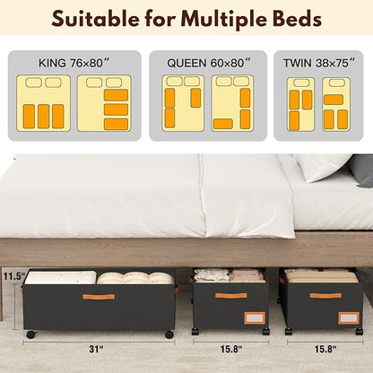 Under Bed Storage with Wheels,12inch Tall Under Bed Storage XXL 80L, Under Bed Storage Containers with Clear Lids,No Assemble Rolling Storage Bins Large Capacity for Closet, Blankets,Shoes,Toys