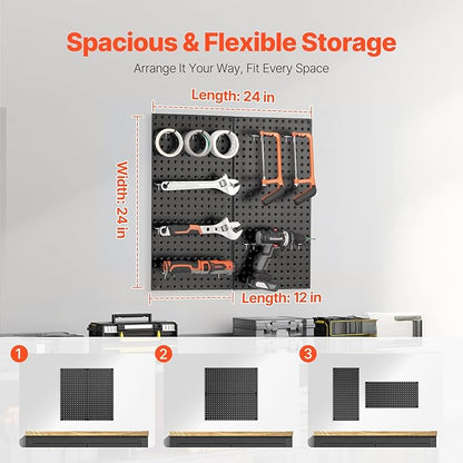 VEVOR Metal Pegboard Panels, 24" x 12" Pegboard, 2 Panels, Heavy Duty Peg Board Wall Organizer with Accessories, for Living Room Garage Tool Storage Office Organization Craft Room Kitchen Home, Black