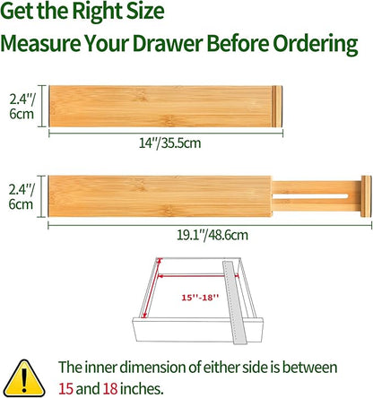VaeFae 6-Pack Bamboo Drawer Dividers – Adjustable 14"-19.1" (Fits 15"-18" Drawers ONLY), Spring-Loaded Expandable Organizer for Kitchen, Bedroom, Office & Bathroom, MUST MEASURE Before Purchase