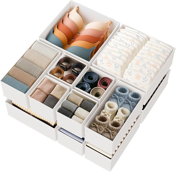 Sturdy Drawer Organizers (12-Pack) - Fabric Dresser Drawer Organizers & Dividers for Nursery Organization, Baby Organizers and Storage for Clothes, Socks & Underwear, White