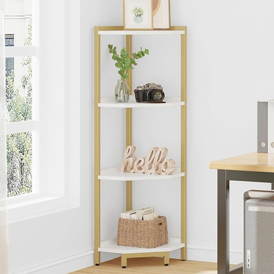 Corner Shelf Stand, Corner Bookshelf, Storage Standing Shelf Unit with Metal Frame, Plant Stand, Corner Bookcase for Living Room, Home Office, Bedroom, 4-Tier White Gold CS05803A