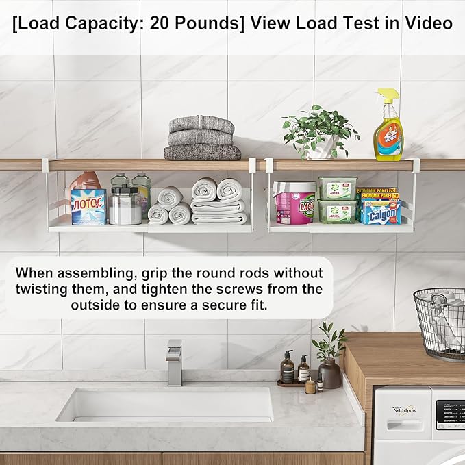 Expandable Under Cabinet Shelf Organizer with 0.94-Inch Thick Clips, Heavy Duty Extendable Under Shelf Storage Basket for Pantry or Laundry Room, White, 1 Pack, Interior: 4.13" H x 7.2" D