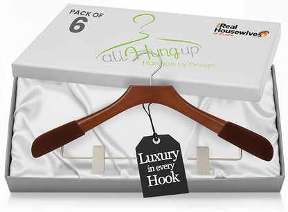 All Hung Up Hangers - Wooden Hangers with Clips for Women, Solid Wood Skirt & Suit Hangers, Heavy-Duty Adjustable Non-Slip Design with Velvet Grip, High Gloss Brown with Brown Velvet, 6 pcs
