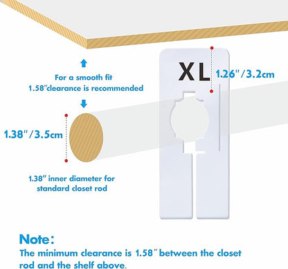 40 Pack Rectangular White Plastic Clothing Size Closet Rack Dividers Hangers, Preprinted in 8 Sizes XXS, XS, S, M, L, XL, XXL, XXXL (2.5”x 5”, Inner Diameter 1.38”)