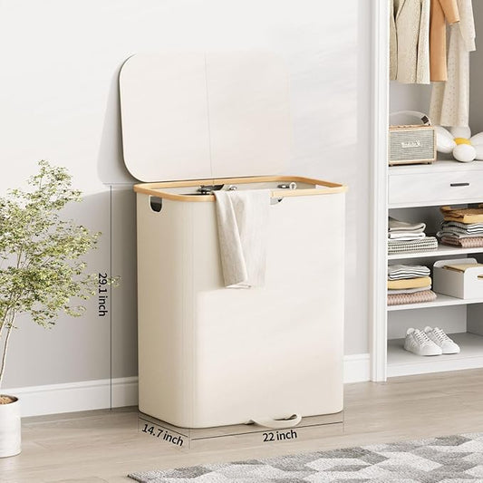 160L Double Laundry Hamper with Lid, Dirty Clothes Hamper with 2 Removable Bags, Beige Laundry Hamper 2 section with Bamboo Handles Easy to Carry for Bedroom, Bathroom, Dorm, College