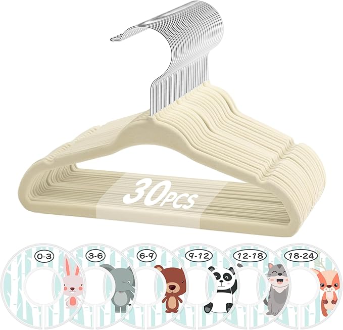VIS'V Baby Hangers, 11 Inch Velvet Kids Hangers with 6 Pcs Clothes Size Dividers, Infant Toddler Nursery Closet Organization, Non Slip, Beige, 30 Pcs