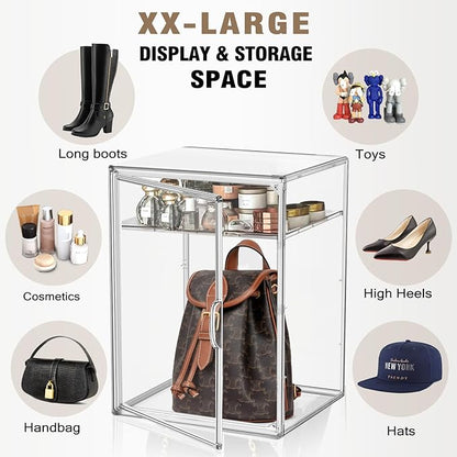 DAYOOH 2 Pcs Shoe Display Case, XX-Large Tall Boot Storage Box Transparent Handbag Organizer for Closet Acrylic Shoe Box Clear Plastic Stackable Sneaker Collectibles Case with Detachable Divider