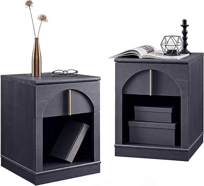 ACCOHOHO Modern Night Stand Set 2 with Arched Panel,18" Wooden nightstand with Charging Station,Bedside Table with Drawer Storage,Side End Table with Open Shelf for Bedroom,Living Room,Black