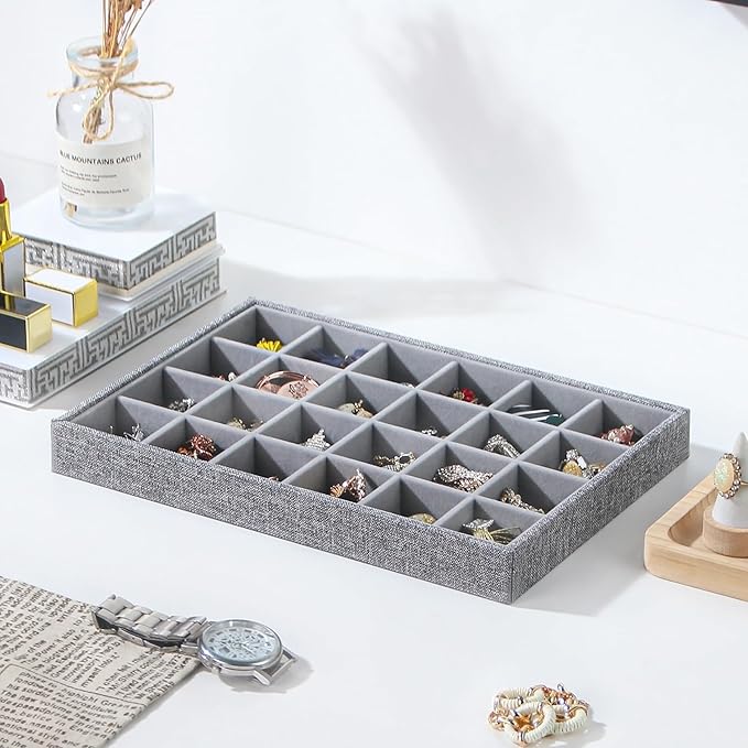 Stackable Jewelry Organizer Tray For Drawers,White Leather Small Earring Storage Tray,Bracelet And Necklace Display Box,Jewelry Ring Display Case (Gray White 24 Grids)