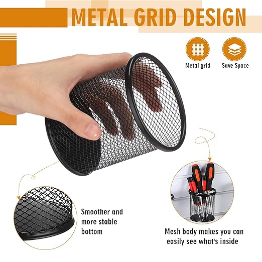 6 Set Slatwall Cup with Hook Black Metal Slatwall Bin Pencil Mesh Wire Holder Slat Wall Accessories for Organizing Various Tools, Garage Home Workshop Office (Round)