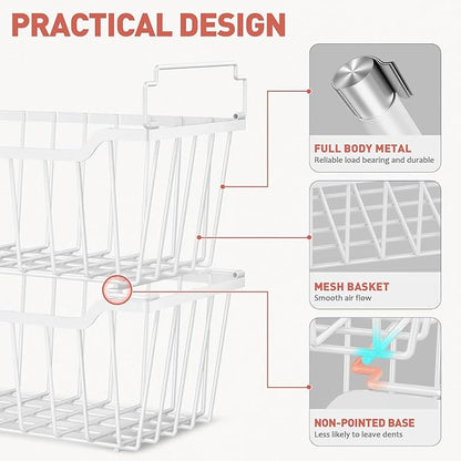 Goovilla Freezer Organizer Bins with Foldable Handle, 4 Pack Stackable Freezer Baskets for 3.5-7 Cu.FT Deep Chest Freezer Organization, White Metal Freezer Storage Bins with Better Space Utilization