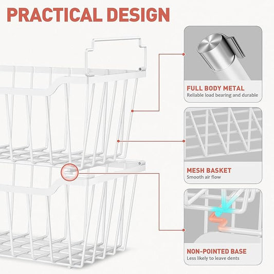 Goovilla Freezer Organizer Bins with Foldable Handle, 4 Pack Stackable Freezer Baskets for 3.5-7 Cu.FT Deep Chest Freezer Organization, White Metal Freezer Storage Bins with Better Space Utilization