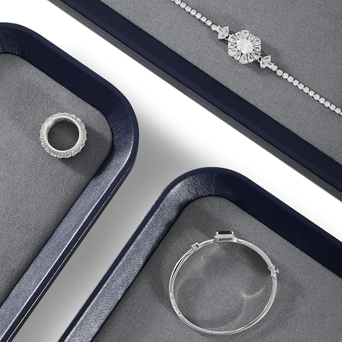 Yinbeini Ring Display Tray, Leather Earring Organizer,Luxury Key Tray,Premium Decorative Tray,Blue-Grey Jewelry Dish