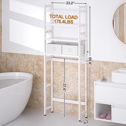 Cozivolife Over The Toilet Storage with 2 Baskets, 4-Tier Bamboo Organizer Rack with Paper Holder & 4 Hooks & Waterproof Feet Pad,Freestanding Shelf for Bathroom(White)