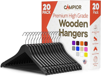 Black Wooden Hangers 20 Pack – Heavy-Duty with 360° Swivel Hook, Non-Slip, Pants Bar & Shoulder Grooves - Wooden Hangers for Suits, Jackets, Dresses & Camisoles, Space-Saving and Smooth Finish