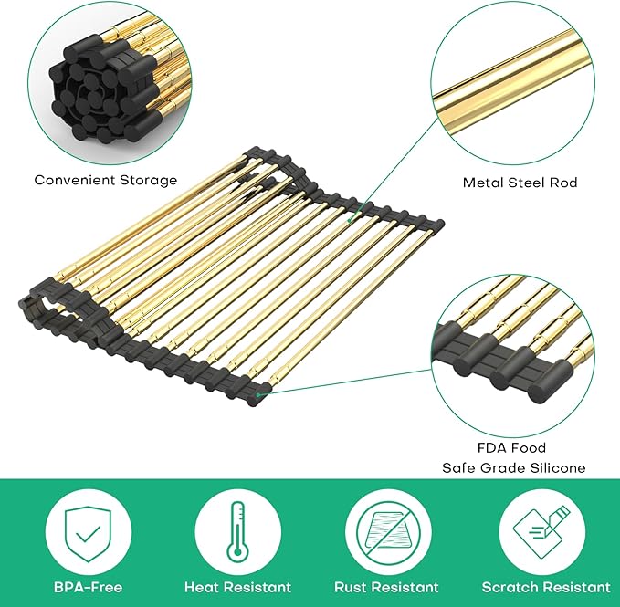 ARAINY Large Telescopic Draining Rack, Gold Roll Up Heat-Resistant Dish Drainer for Stainless Steel Sinks, Non-Slip Silicone Rolling Dish Drainer Roll Rack 18 tube12.59-21.25x12.79''