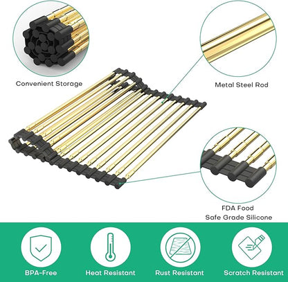 ARAINY Large Telescopic Draining Rack, Gold Roll Up Heat-Resistant Dish Drainer for Stainless Steel Sinks, Non-Slip Silicone Rolling Dish Drainer Roll Rack 18 tube12.59-21.25x12.79''