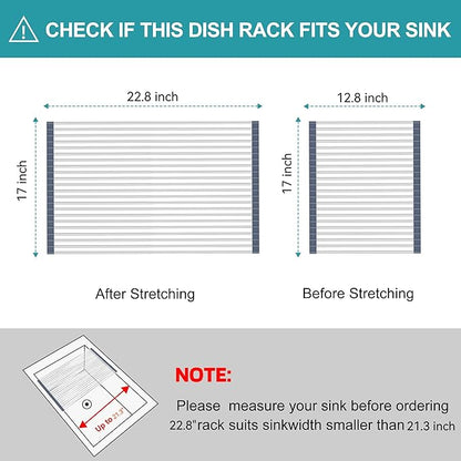 BBXTYLY Extra Large Expandable Roll Up Dish Drying Rack,Over The Sink Drying Rack Sink Cover Kitchen Sink Accessories Kitchen Rolling up Stainless Steel Drainer, Foldable,Rollable（Grey，25.1''-17.3''）