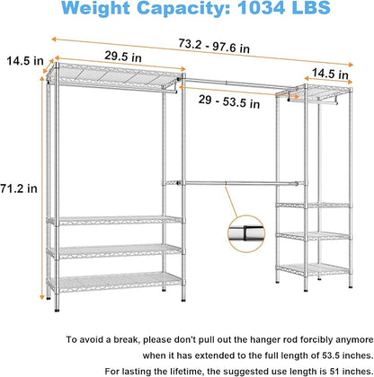 Ulif E11 Heavy-Duty Garment Rack, Metal Freestanding Clothes Rack and Closet Storage Organizer System with 8 Shelves and 4 Hanger Rods, (73.2-97.6)" W x 14.5" D x 71.2" H, Load 1034 LBS, Chrome