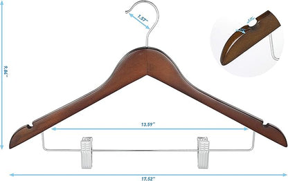 TOPIA HANGER Wooden Suit Hangers with Adjustable Metal Clips (10 Pack), Solid Wood Clothes Hangers, 360° Swivel Hook, Premium Retro Finish Pants Hangers for Clothes Coat, Jeans, Blouse-CT28A