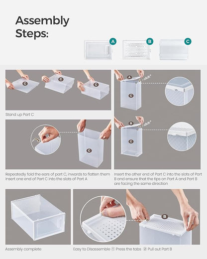 SONGMICS Shoe Boxes, Pack of 15 Shoe Storage Organizers, Stackable Clear Plastic Boxes for Closet, Sneakers, 13.1 x 9.1 x 5.6 Inches, Transparent and White ULSP015W02