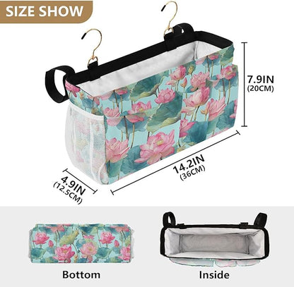 CuwrYet Bedside Caddy Hanging Bunk Bed Caddy Bed Organizer Hanging Pocket with 2 Hooks Bedside Storage Organizer Pocket Bag Holder Pastel Lotus Leaf Stem Floral