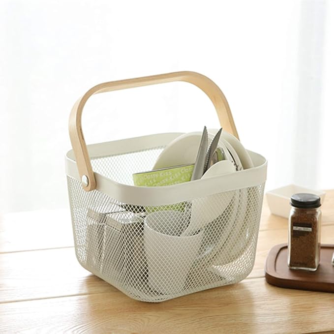 Metal Mesh Steel Basket, Storage Organizer Basket Multi-functional Hanging Kitchen Baskets Fruit Basket Bin with Bamboo Handle for Kitchen Bathroom Picnic Shopping Decor Cabinet Home, White