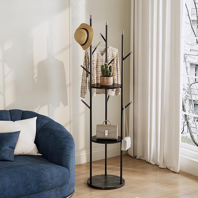 metal Coat Rack whit Marble base,heavy duty coat hanger Stand, Freestanding Coat Racks with 3 Shelves and 9 Hooks,Coat Tree for Entryway, Bedroom, Coats, Bags,purse