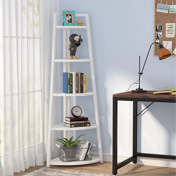 Tribesigns 5 Tier Corner Bookshelf and Bookcase, 70 inch Tall Corner Shelves Standing Shelving Unit Indoor Plant Stand for Living Room, Kitchen, Home Office (White)