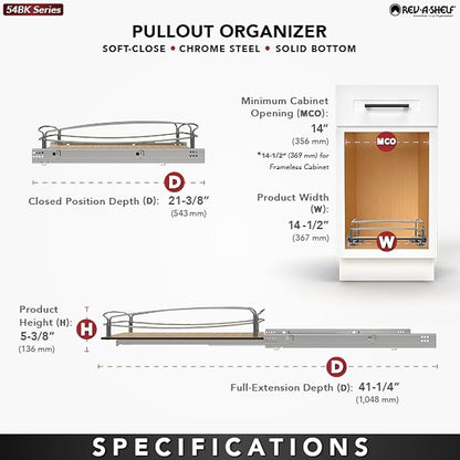 Rev-A-Shelf Pull Out Kitchen Cabinet Storage Organizer with Solid Bottom and Undermount Soft-Close Full Extension Slides, 54BK-15SC-1