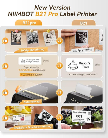 NIIMBOT B21 Pro Label Maker with Tapes, 300DPI HD Label Printer, Sticker Maker for Home Organization, Photo Print, Study Graphics, Scrapbook, Black