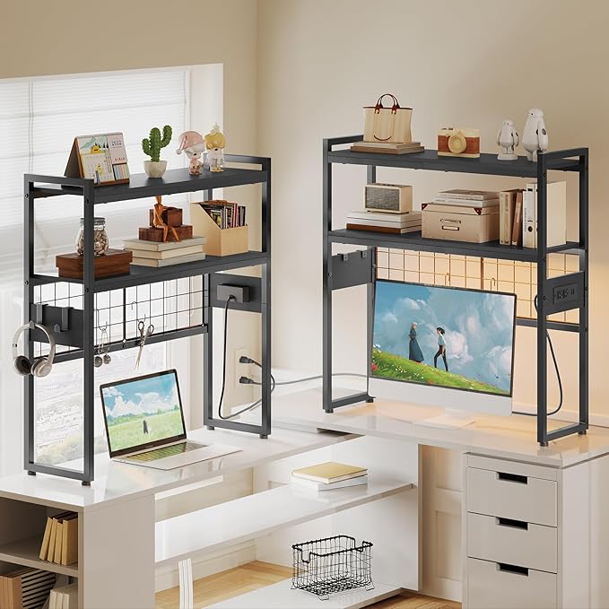 HOOBRO Desktop Bookcase, 2-Tier Office Desktop Organizer, 29.9" Wooden Storage Rack with Outlets, Display Shelf Rack with Light Strip, Desk Hutch for Office, Black BB11UDSJ01