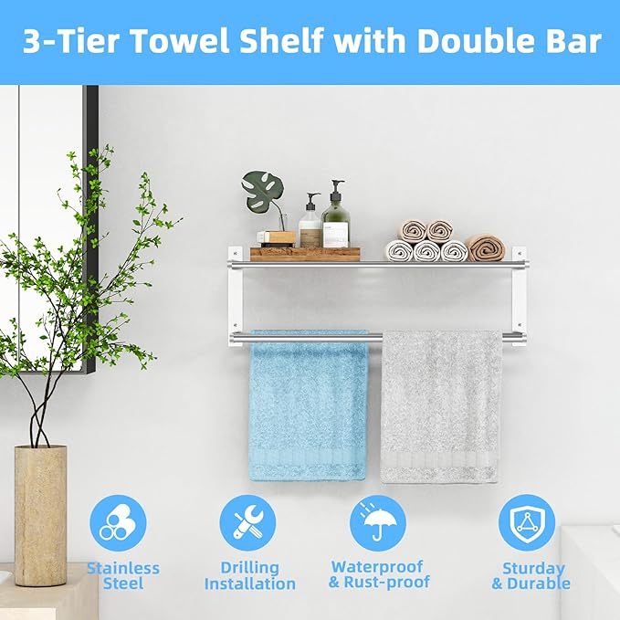 Towel Racks for Bathroom 24 Inch, 2 Tier Towel Shelf with Double Towel Bar, Stainless Steel Bath Towel Rack Wall Mounted, Towel Holder Towel Storage Rack for Bathroom, Brushed Nickel