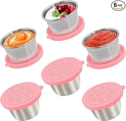 Qukaka 6x2.7 Oz Salad Dressing Container to Go,Handy Leakproof Stainless Steel Meal Prep Containers Reusable,Sauce Containers for Lunch Box, Picnics, Travel, Office and Kitchen Storage-Pink