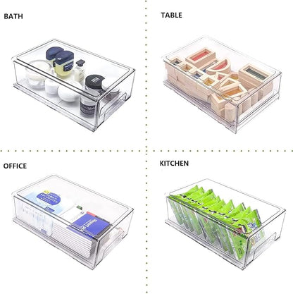 2 Pack Stackable Refrigerator Drawers Pull Out Bins Clear Fridge Drawer Organizer Food Storage Containers Plastic Veggie Fruit Produce Saver for Pantry Kitchen Freezer(M)