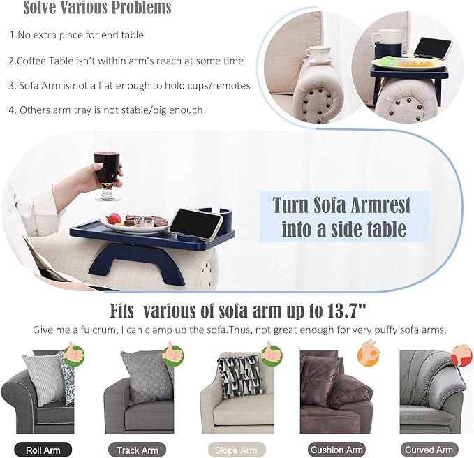 Nnewvante Couch Arm Tray,3 in 1 Large 15.36"x9.85" Bamboo Couch Table Armrest Sofa Arm Clip on Tray Table with 360°Rotated Phone/Cup Holder,Navy Blue