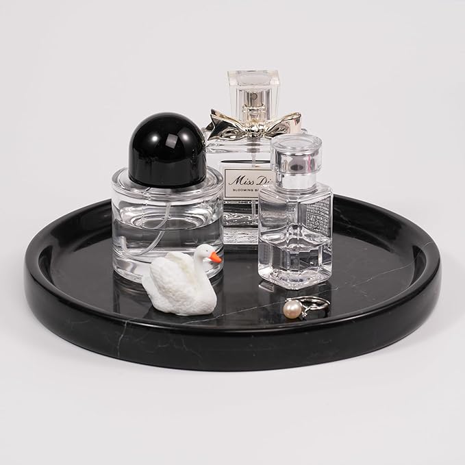 LWALMS Marble Perfume Jewelry Tray - Stone Trinket Ring Key Purse Holder Dish, Round Plate Decorative Bowl for Nightstand Entryway Coffee Table Decor (7.9 inch)