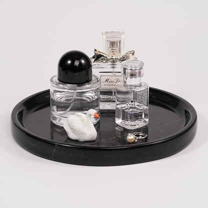 LWALMS Marble Perfume Jewelry Tray - Stone Trinket Ring Key Purse Holder Dish, Round Plate Decorative Bowl for Nightstand Entryway Coffee Table Decor (7.9 inch)